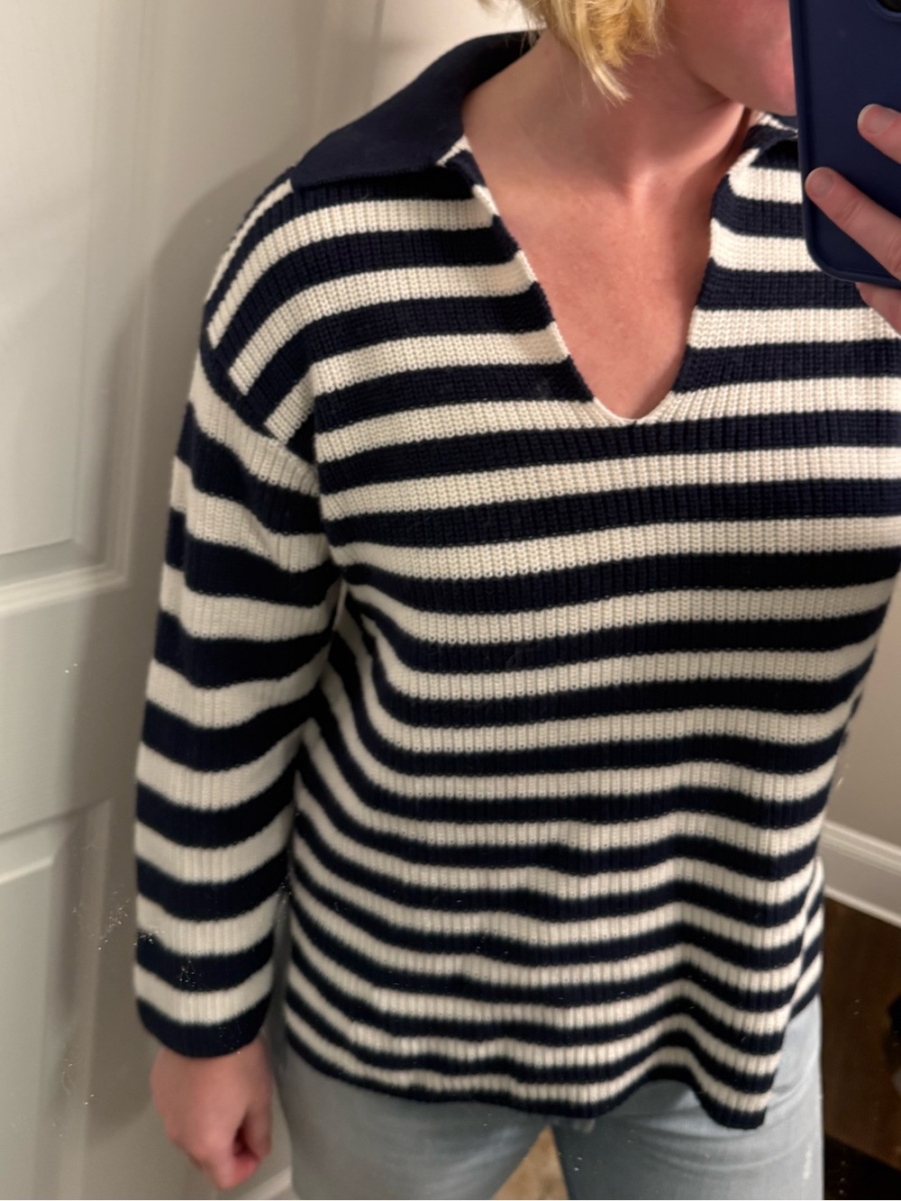 100% Cotton Navy & Ivory Striped Collared Sweater – Size S/P LOFT